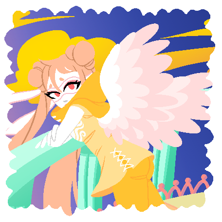 heli is leaned against a bannister on her land, her wings stretched out behind her. she is in her god tier rogue of hope outfit.